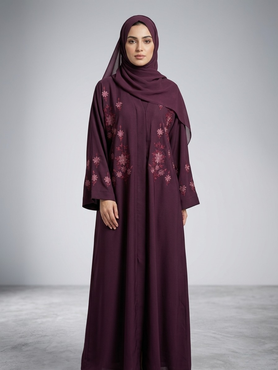 Burgundy - Embroidered Abaya