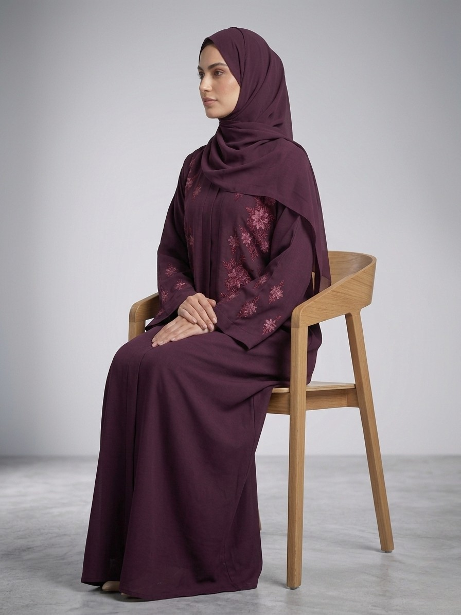Burgundy - Embroidered Abaya