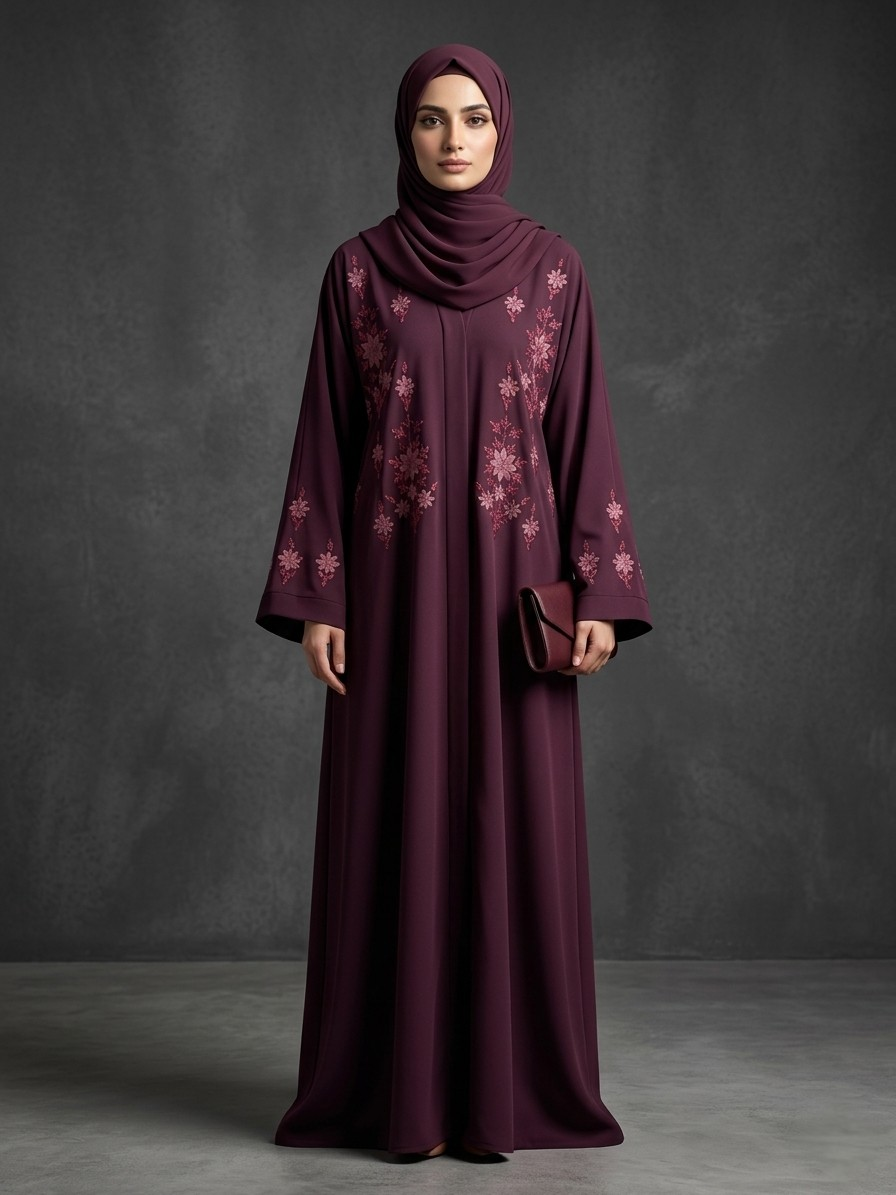 Burgundy - Embroidered Abaya