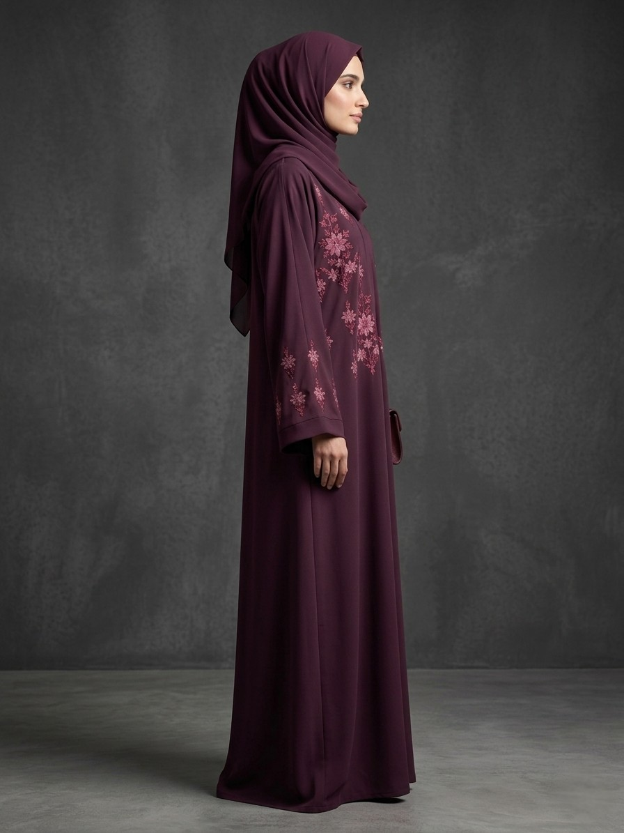 Burgundy - Embroidered Abaya