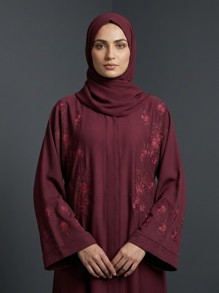 Wine Red - Embroidered Abaya