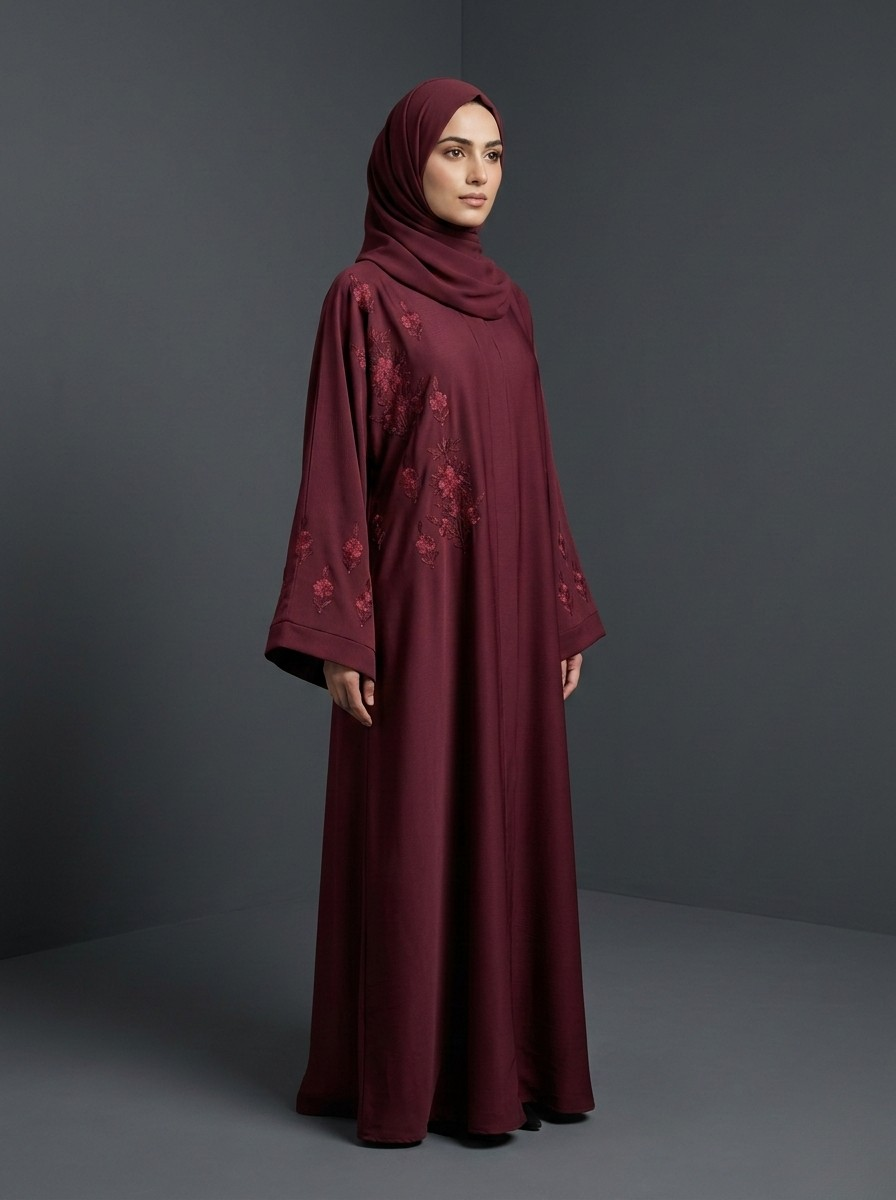 Wine Red - Embroidered Abaya